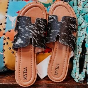 Myra Women’s DALEENA ANNE Cow Hair on Hide SANDALS IN BLACK AND WHITE | NEW!!